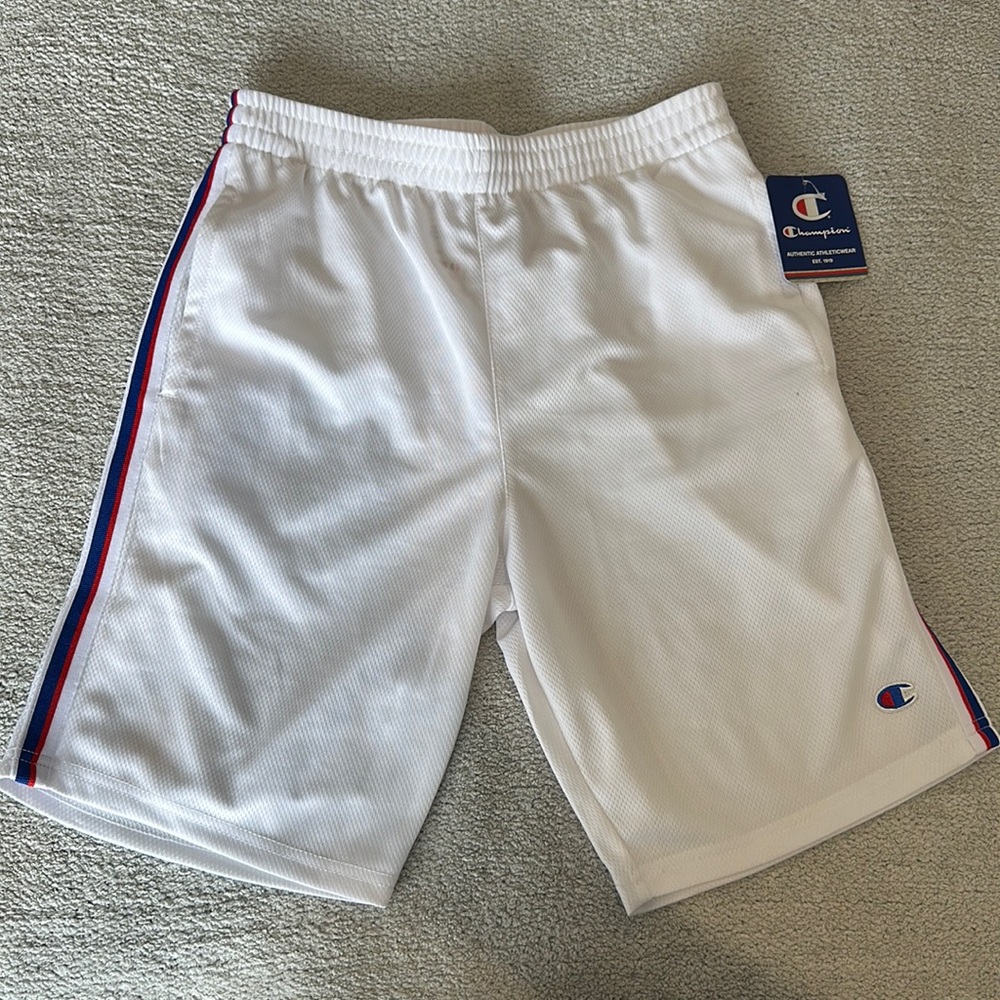 Boys Champion white mesh shorts with red/blue trim. Youth size L